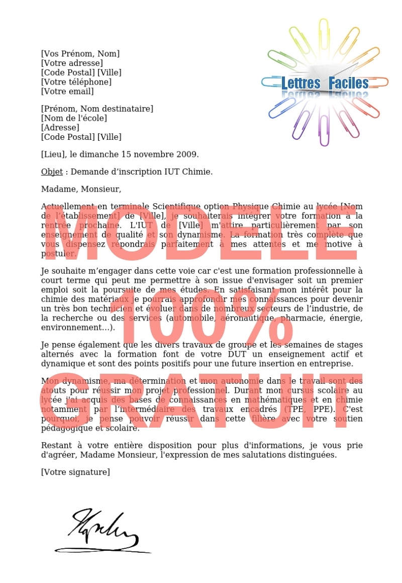 Lettre de motivation DUT Chimie - Modèle de lettre Gratuit !