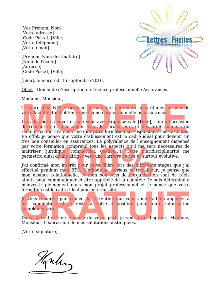 Lettre de motivation Licence Assurance - Modèle de lettre Gratuit !