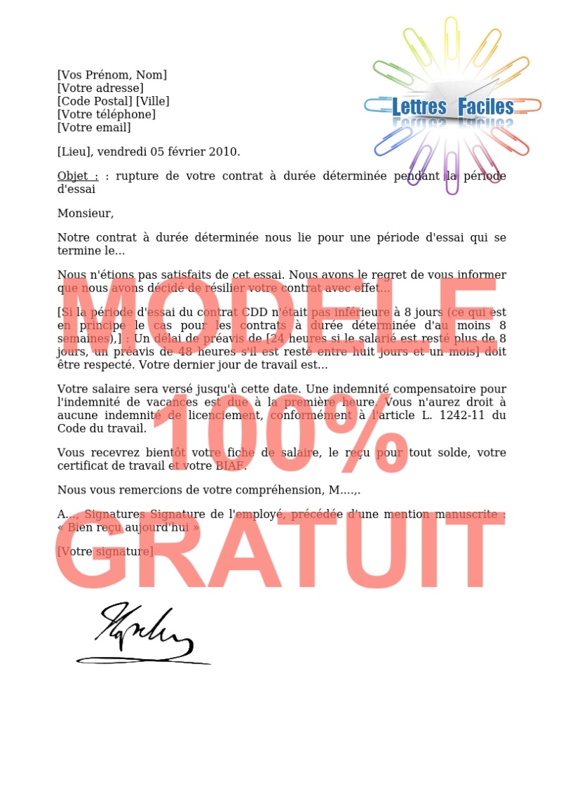 Salariés, Rupture de votre contrat à durée déterminée pendant la période d'essai - Modèle de lettre Gratuit !