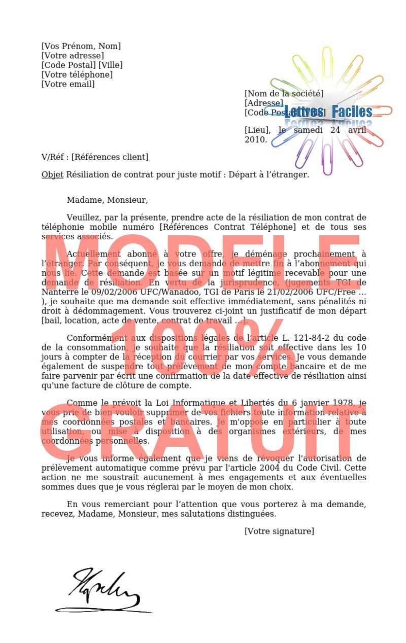 Résiliation abonnement Téléphone portable  (déménagement à l'étranger) - Modèle de lettre Gratuit !