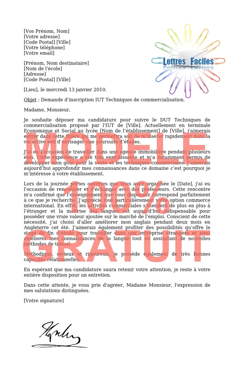 Lettre de motivation DUT TC  (Techniques de commercialisation) - Modèle de lettre Gratuit !