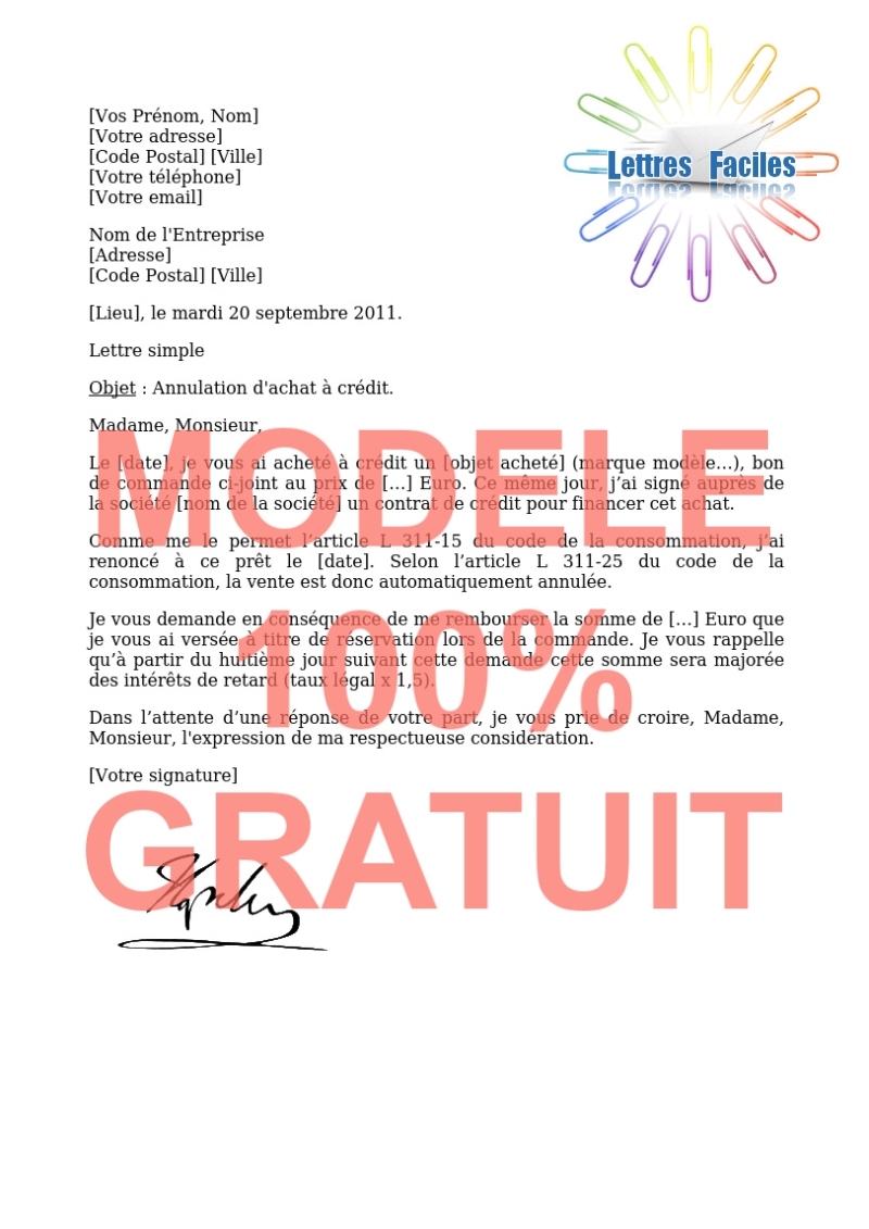 Renoncer à un achat à crédit - Modèle de lettre Gratuit !