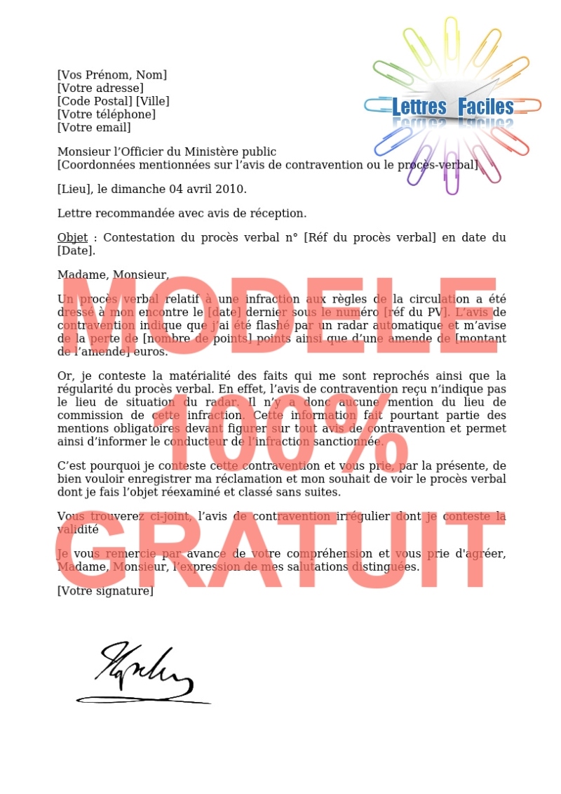 Lettre de contestation d’une contravention pour excès de vitesse  (Lieu  de l’infraction non mentionné) - Modèle de lettre Gratuit !