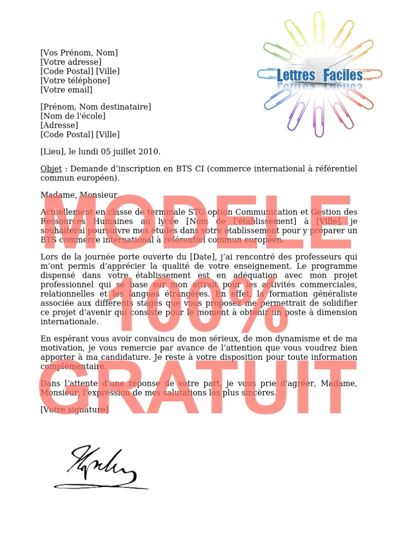 Lettre de motivation BTS commerce international à référentiel commun européen - Modèle de lettre Gratuit !