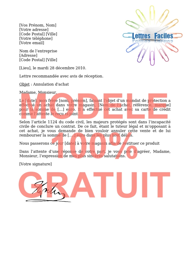 Annulation d'achat  (effectué par un majeur protégé) - Modèle de lettre Gratuit !