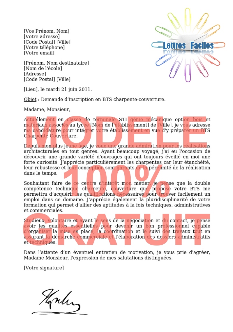 Lettre de motivation BTS charpente couverture - Modèle de lettre Gratuit !