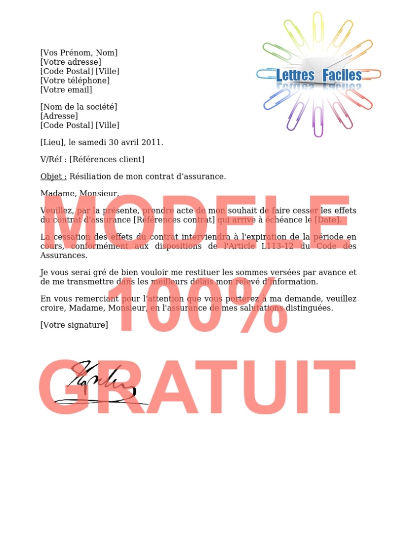 Résiliation contrat Assurance  (Echéance annuelle) - Modèle de lettre Gratuit !