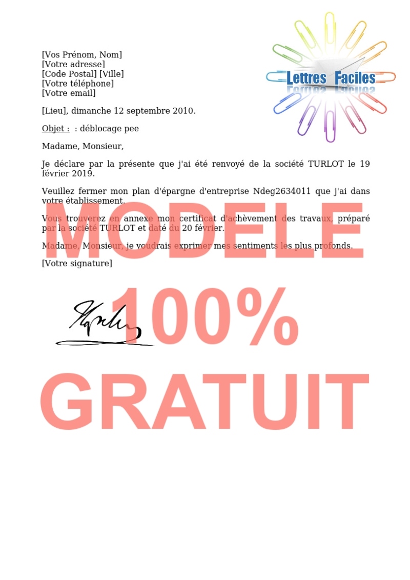 Salariés, Vous souhaitez débloquer votre PEE - Modèle de lettre Gratuit !