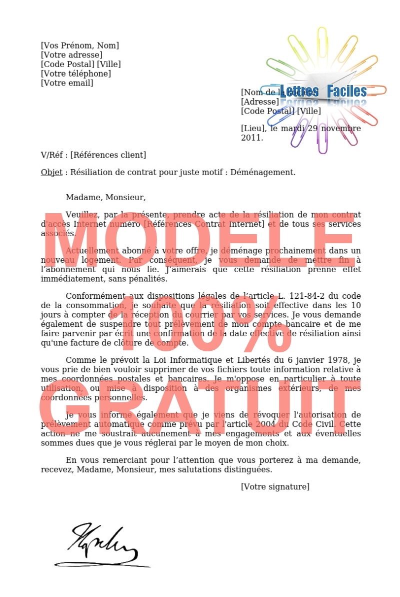 Résiliation abonnement Internet  (déménagement) - Modèle de lettre Gratuit !