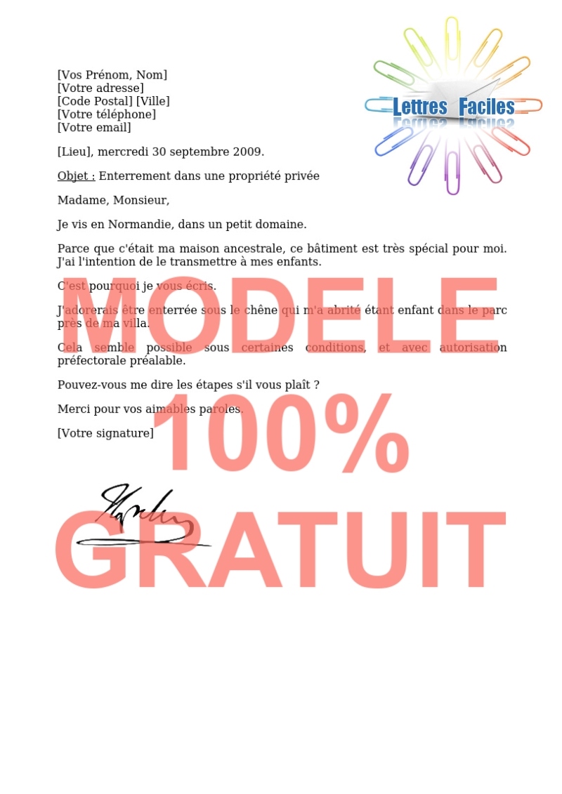 Décès, Demande d'enterrement dans une propriété privée - Modèle de lettre Gratuit !
