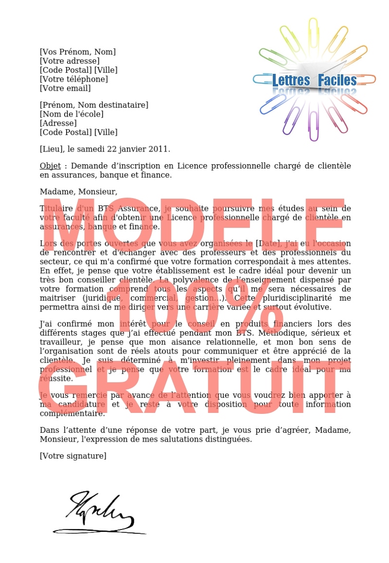 Lettre de motivation Licence pro chargé de clientèle en assurances, banque et finance - Modèle de lettre Gratuit !