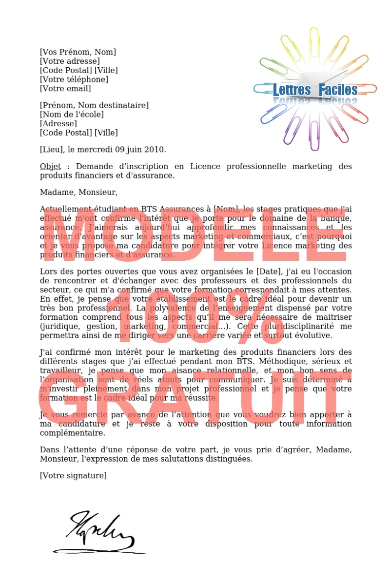 Lettre de motivation Licence pro marketing des produits financiers et d'assurance - Modèle de lettre Gratuit !