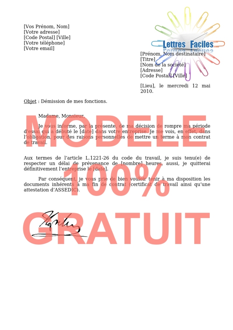 Lettre de démission   (En période d’essai) - Modèle de lettre Gratuit !