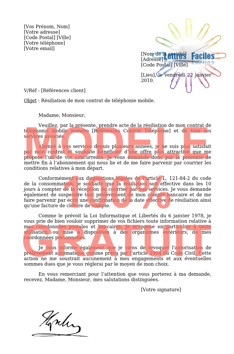 Résiliation abonnement Téléphone portable  (choix d'une offre concurrente) - Modèle de lettre Gratuit !