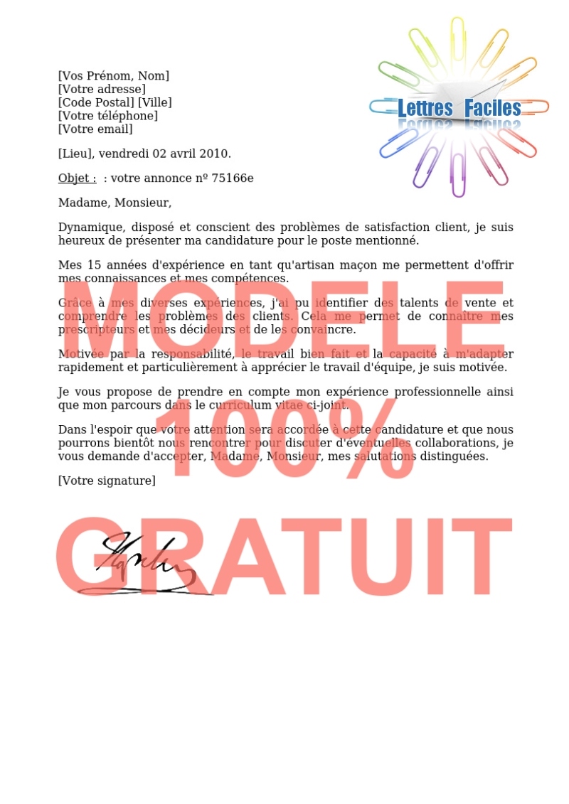 Modèle de Lettre de motivation Maçon - Modèle de lettre Gratuit !