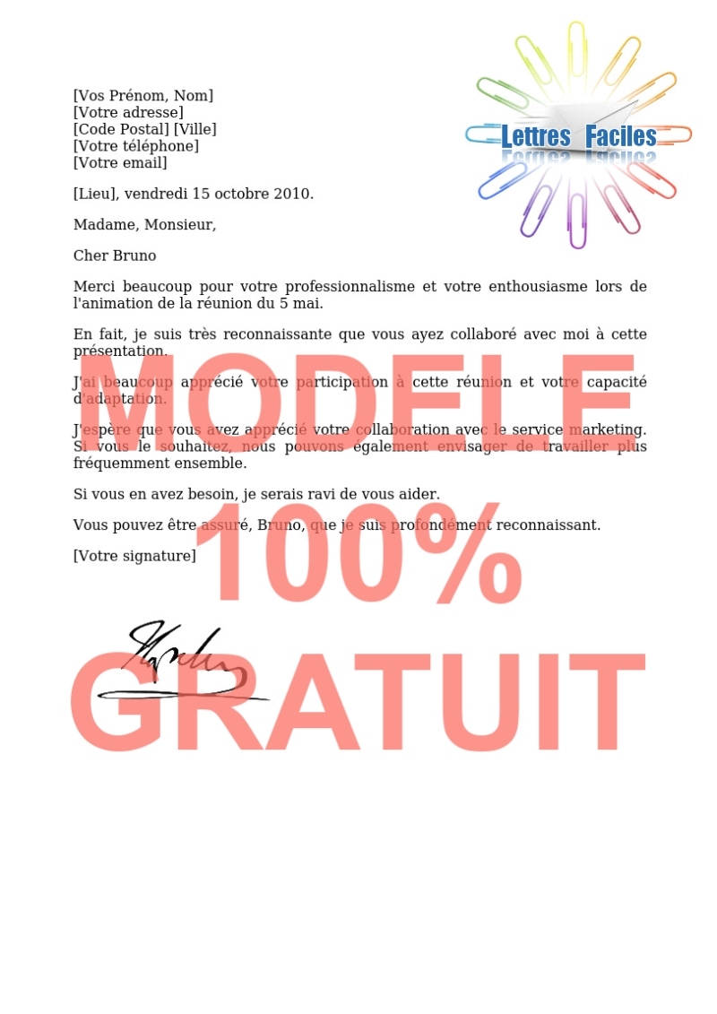 Salariés, Modèle de remerciement d'un collègue en entreprise - Modèle de lettre Gratuit !