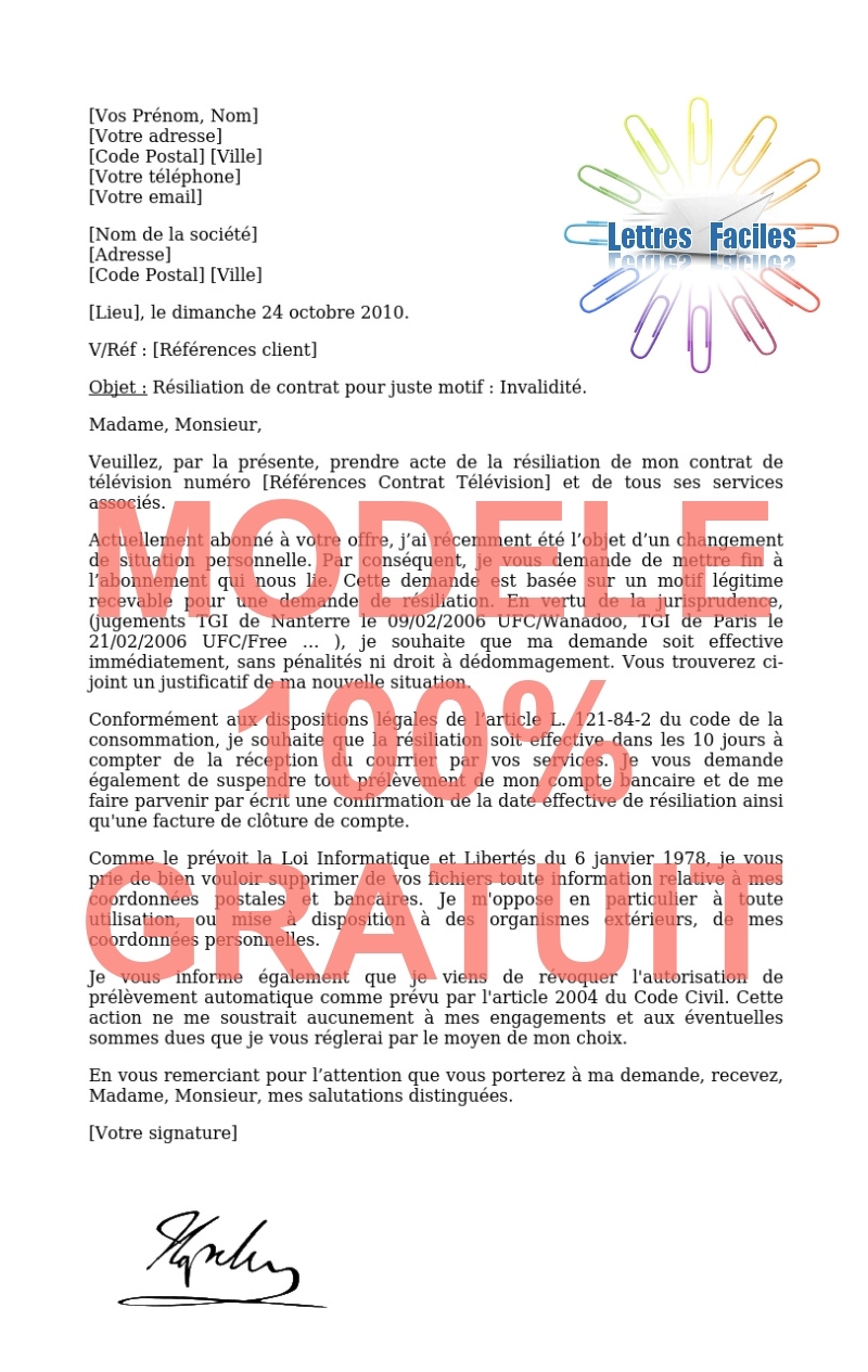 Résiliation abonnement Télévision  (invalidité, maladie) - Modèle de lettre Gratuit !