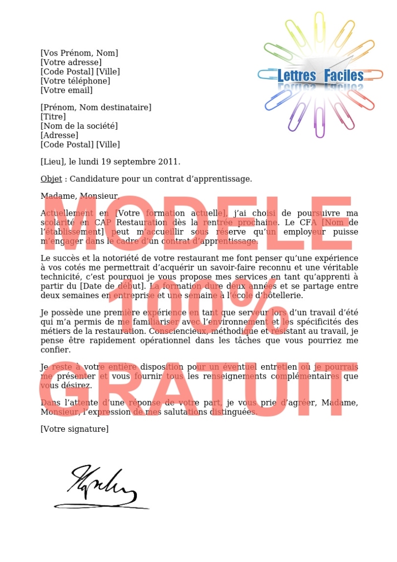 Lettre de motivation apprentissage  (CAP Restauration, Cuisine, Hôtellerie) - Modèle de lettre Gratuit !