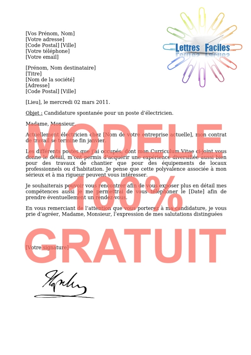 Lettre de motivation électricien  (candidature spontanée) - Modèle de lettre Gratuit !