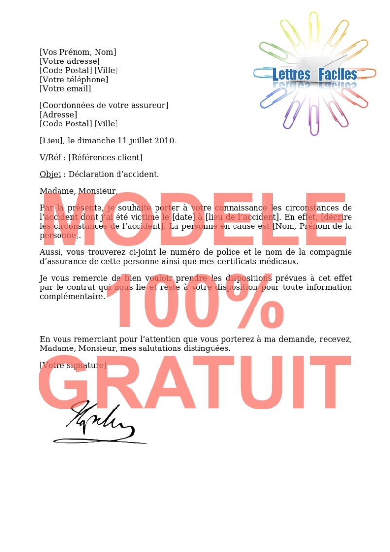 Déclaration de sinistre - Modèle de lettre Gratuit !