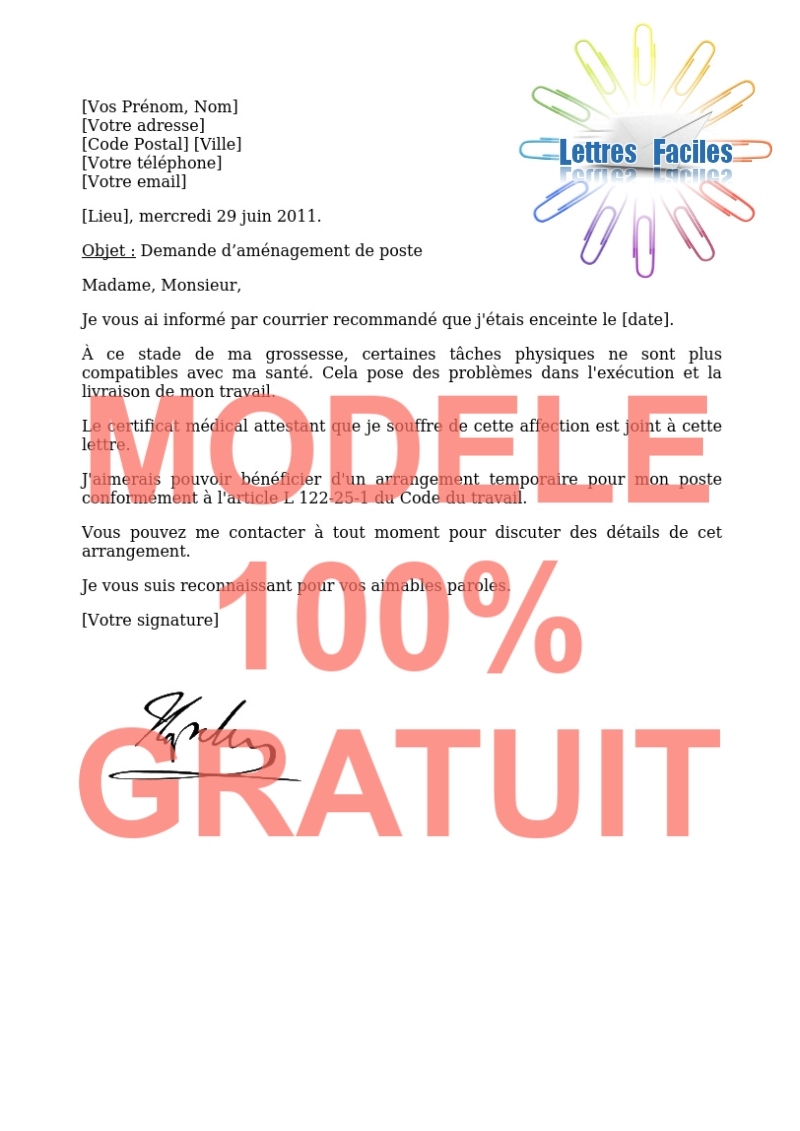 Salariés, La grossesse au travail : demander un aménagement de poste - Modèle de lettre Gratuit !