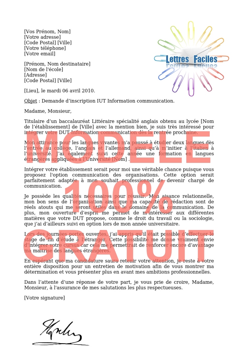 Lettre de motivation DUT Information communication - Modèle de lettre Gratuit !