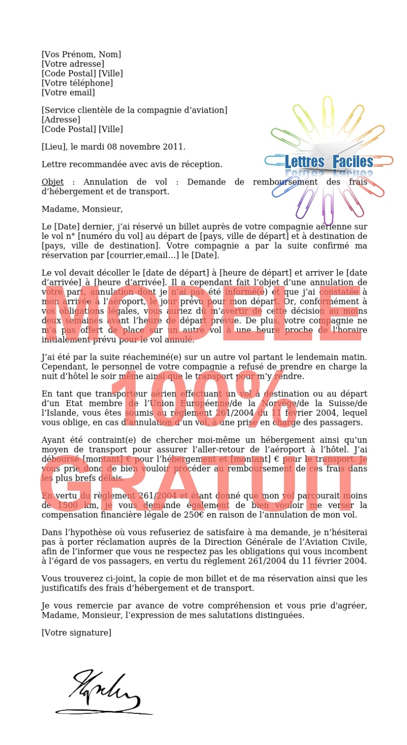 Annulation de vol : Lettre de demande de remboursement des frais d’hébergement et de transport - Modèle de lettre Gratuit !