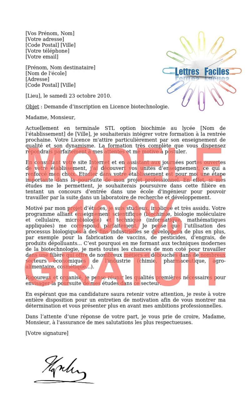 Lettre de motivation Licence biotechnologies, production, diagnostic  (métiers de la biotechnologie) - Modèle de lettre Gratuit !