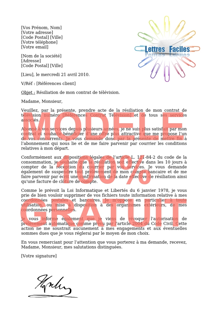 Résiliation abonnement Télévision  (choix d'une offre concurrente) - Modèle de lettre Gratuit !