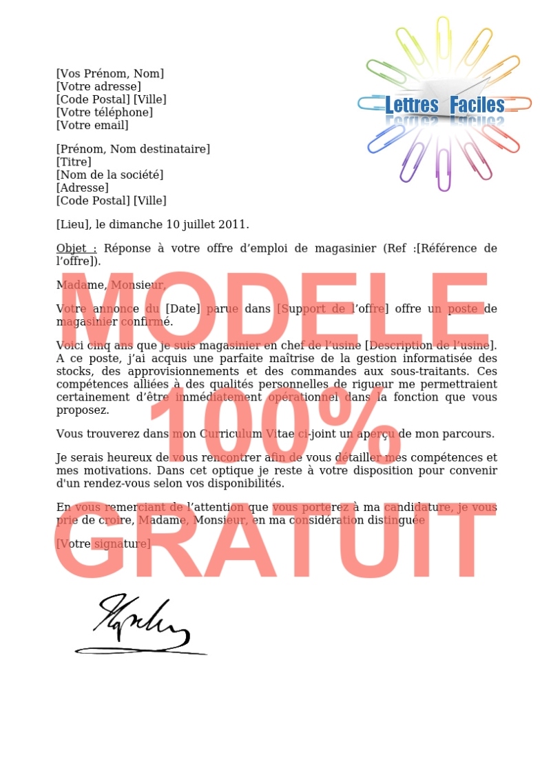 Lettre de motivation magasinier - Modèle de lettre Gratuit !