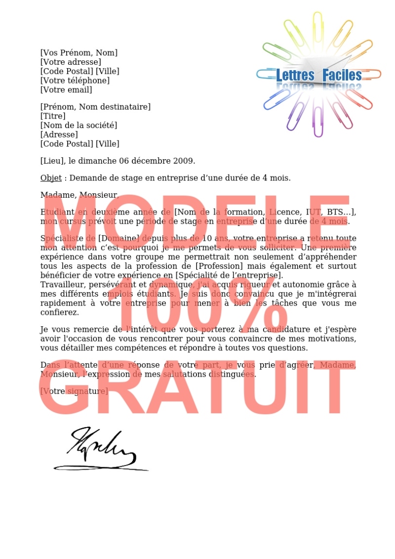 Lettre de motivation stage DUT - Modèle de lettre Gratuit !