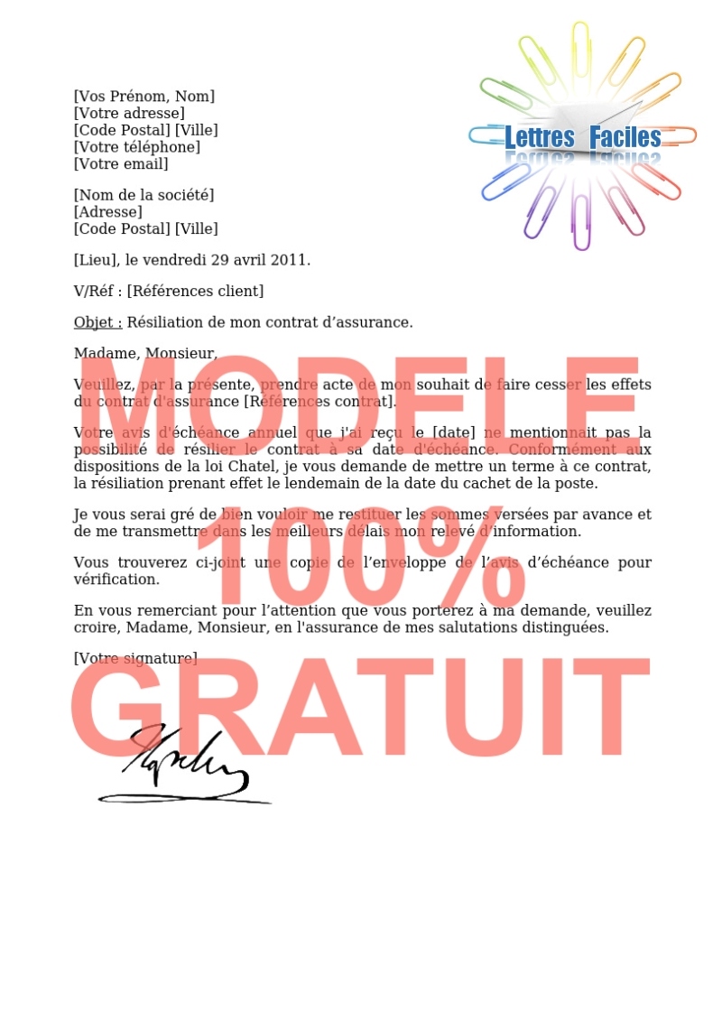 Résiliation contrat Assurance  (Date de résiliation oubliée sur avis d’échéance) - Modèle de lettre Gratuit !