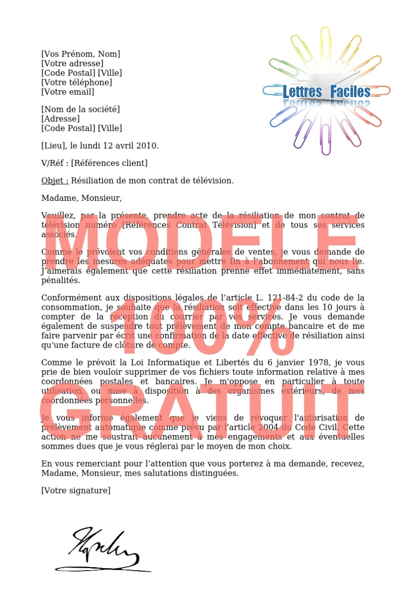 Résiliation abonnement Télévision  (sans motif précis) - Modèle de lettre Gratuit !