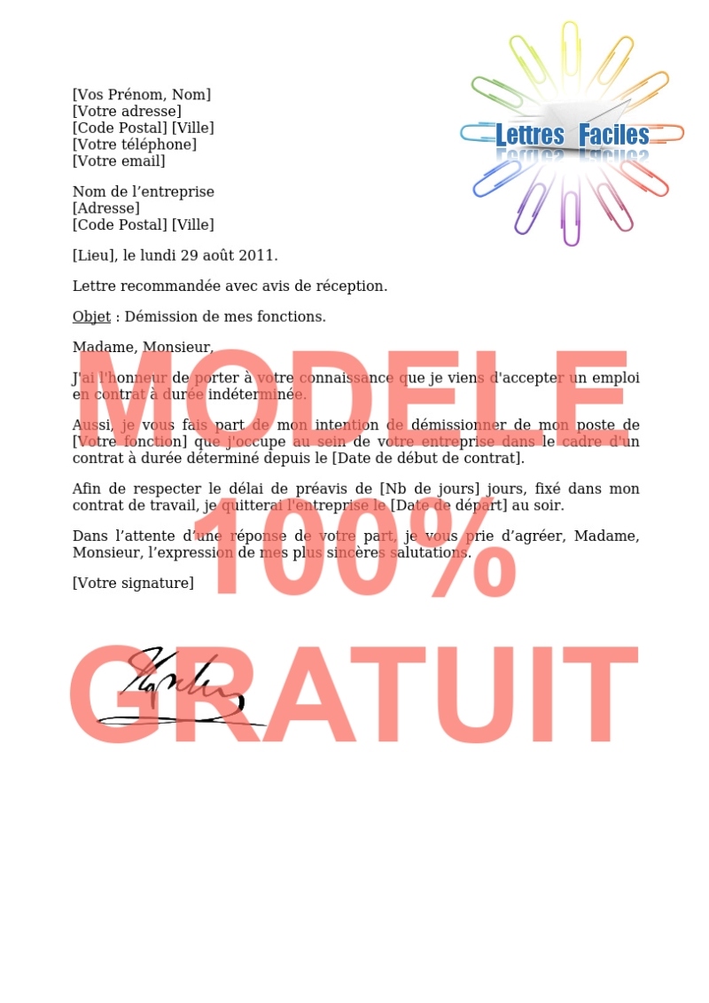 Lettre de démission  (CDD avec préavis fixé par le contrat) - Modèle de lettre Gratuit !