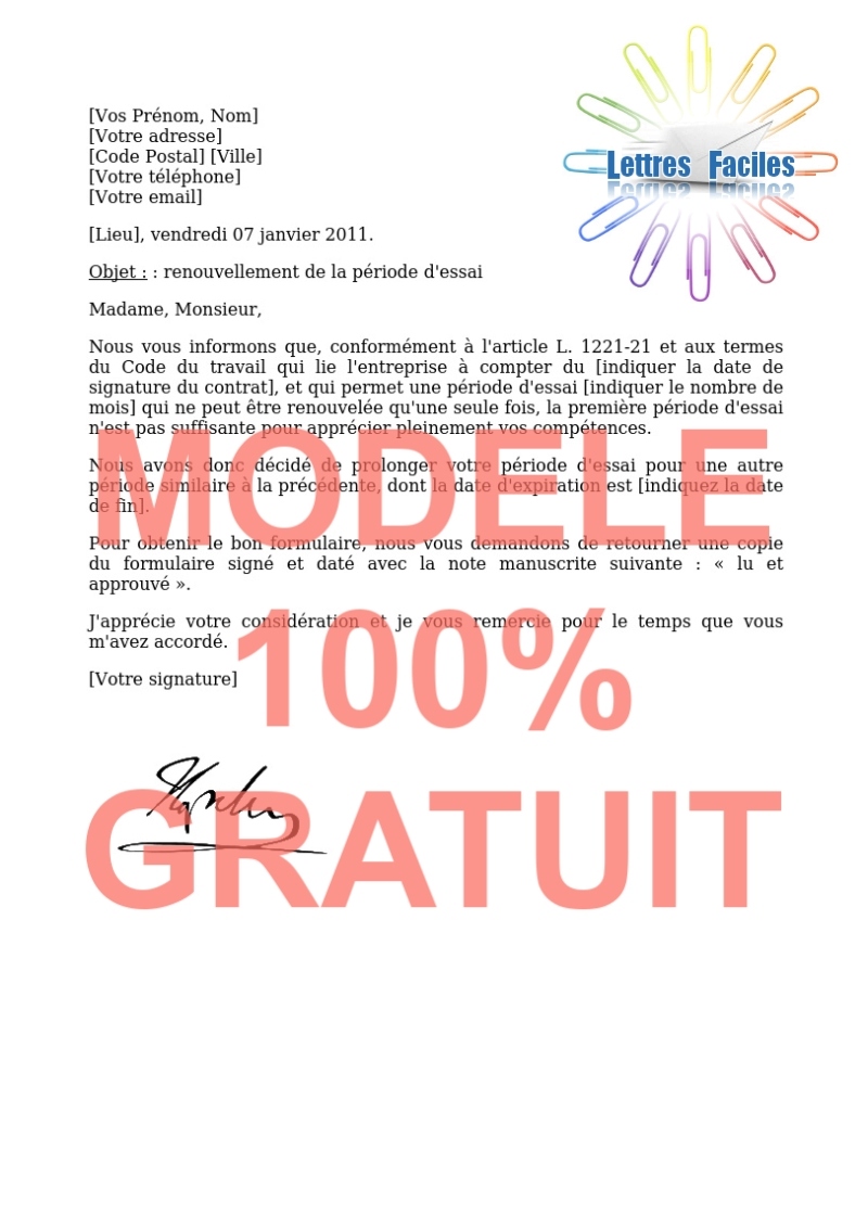 Salariés, Renouvellement de la période d'essai d'un salarié - Modèle de lettre Gratuit !