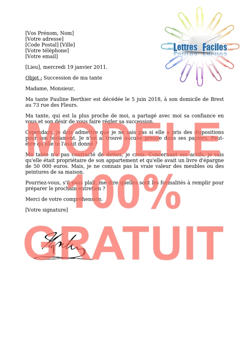 Décès, Exemple de Lettre au notaire : Contacter un notaire pour régler une succession - Modèle de lettre Gratuit !