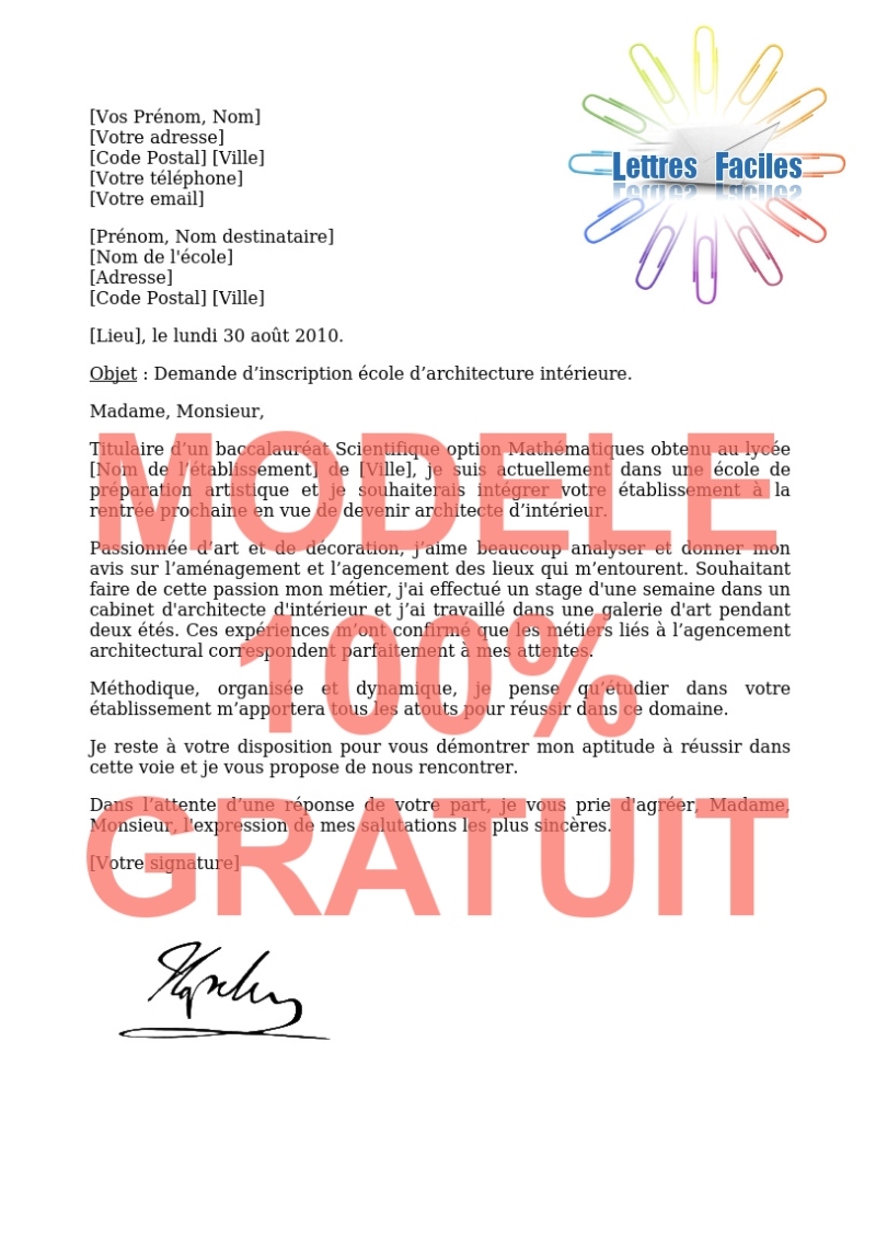 Lettre de motivation école d’architecte intérieur, designer d’environnement - Modèle de lettre Gratuit !