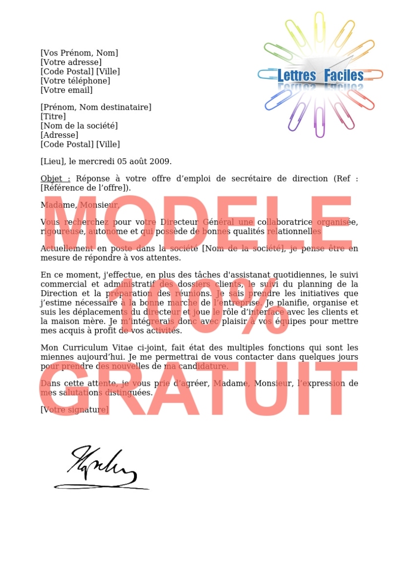 Lettre de motivation secrétaire de direction - Modèle de lettre Gratuit !