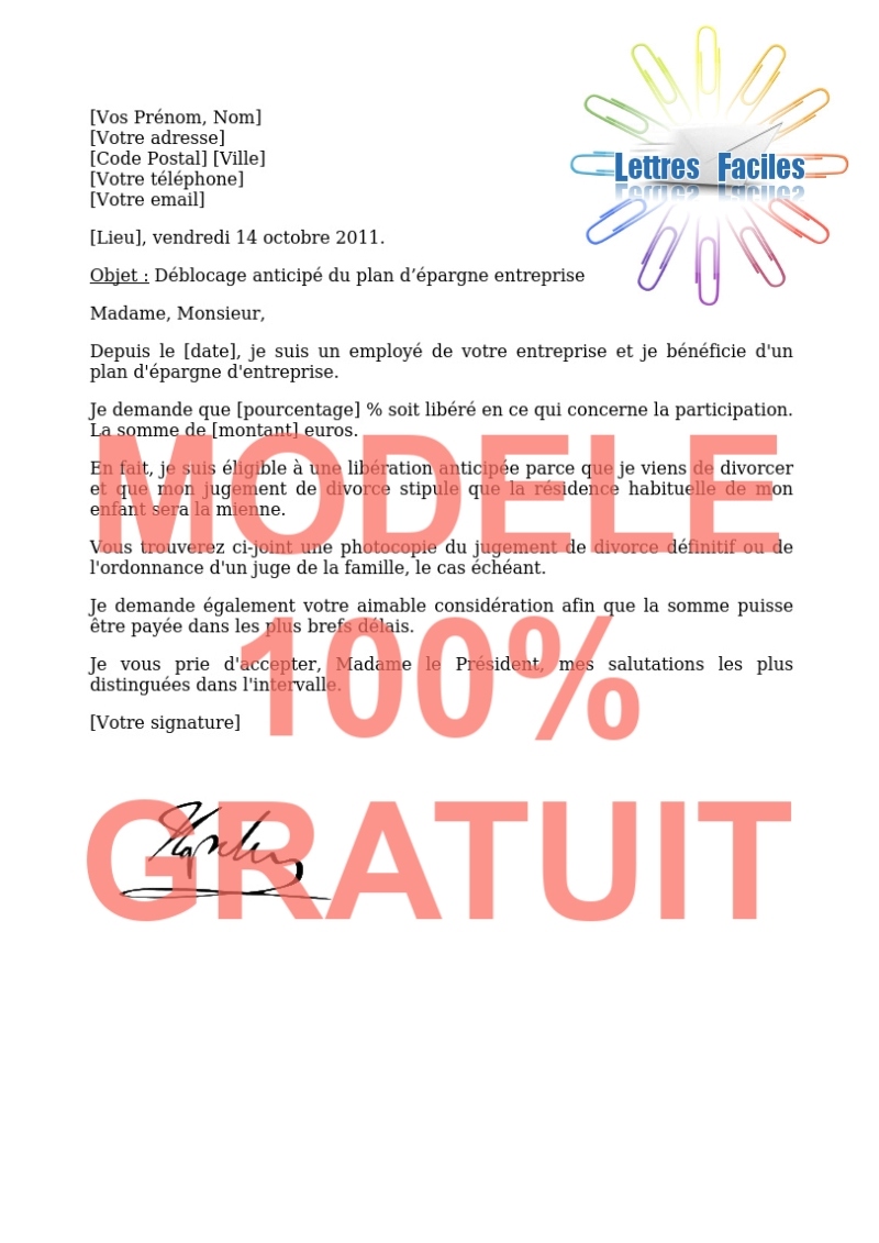 Salariés, Demande de déblocage anticipé du Plan d’Epargne Entreprise - Modèle de lettre Gratuit !