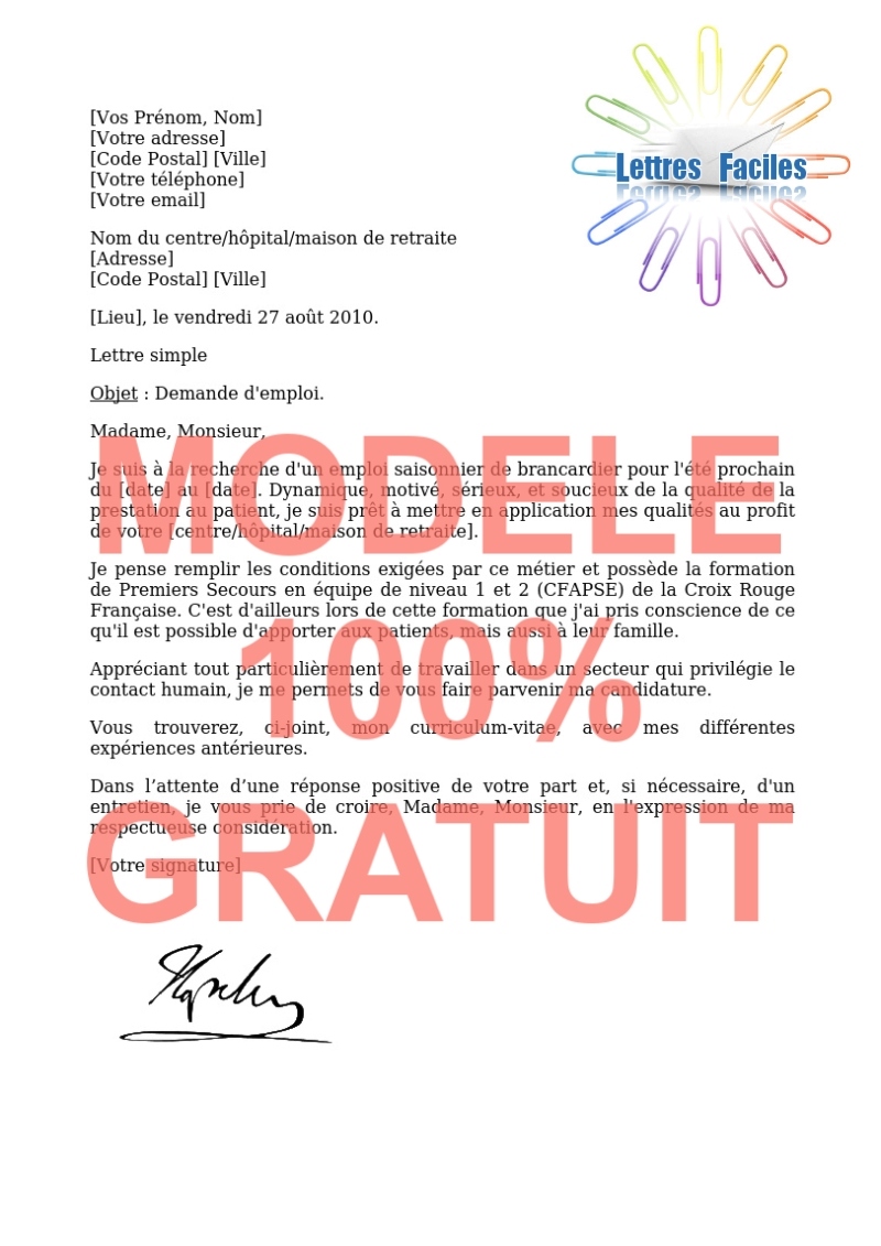 Lettre de motivation Brancardier - Modèle de lettre Gratuit !