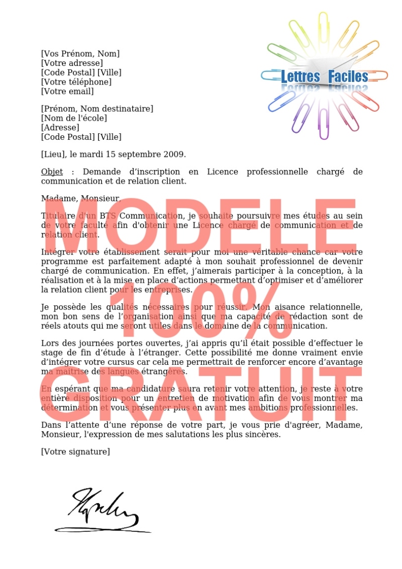 Lettre de motivation Licence pro chargé de communication et de relation client - Modèle de lettre Gratuit !
