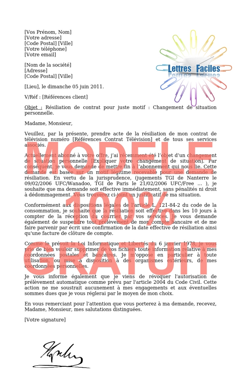 Résiliation abonnement Télévision  (changement situation personnelle) - Modèle de lettre Gratuit !