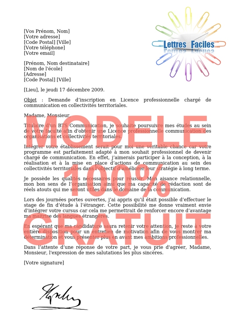 Lettre de motivation Licence pro chargé de communication en collectivités territoriales - Modèle de lettre Gratuit !