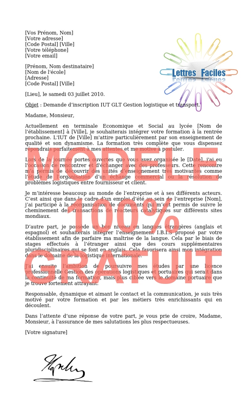 Lettre de motivation DUT GLT  (Gestion logistique et transport) - Modèle de lettre Gratuit !