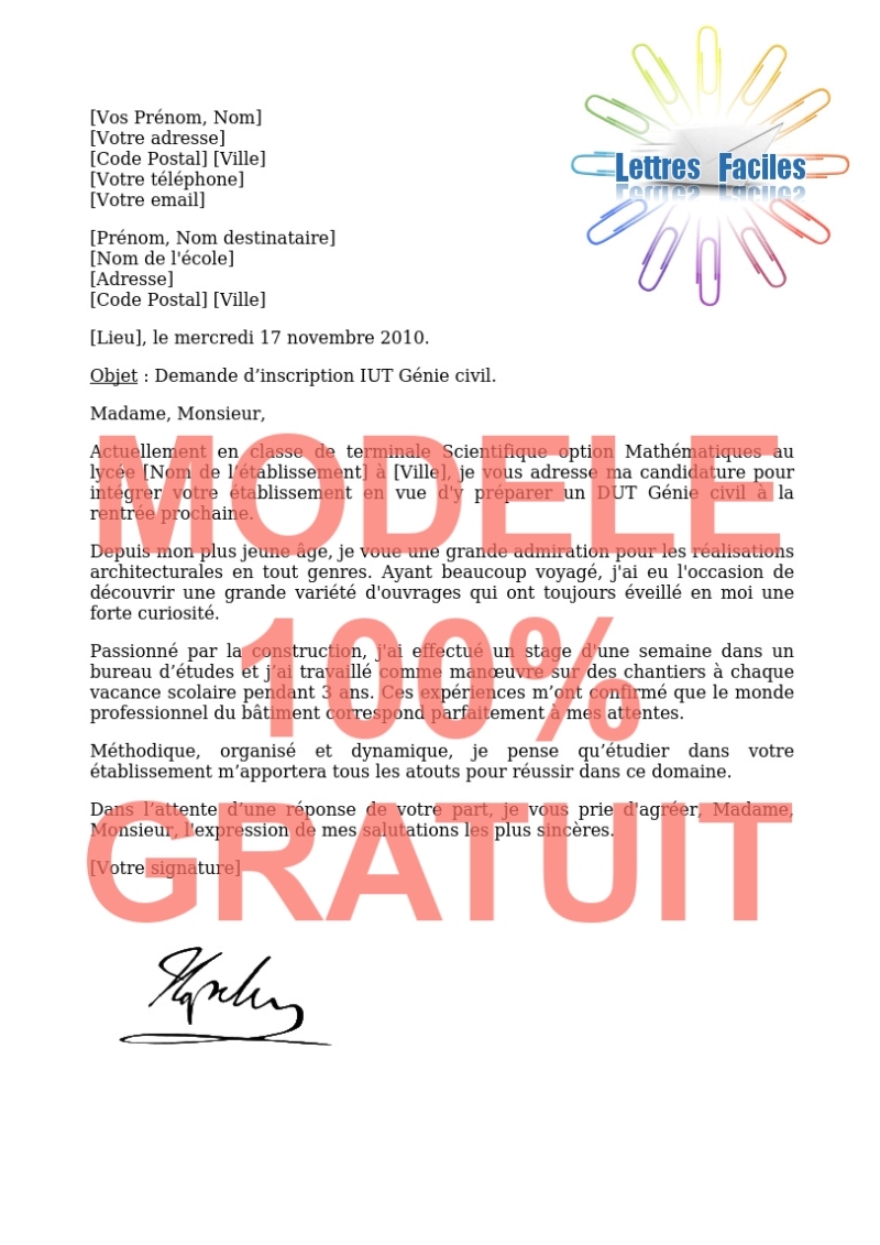 Lettre de motivation DUT Génie civil - Modèle de lettre Gratuit !