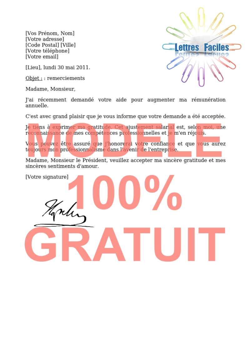 Salariés, Remerciements suite à l'obtention d'une augmentation de salaire - Modèle de lettre Gratuit !