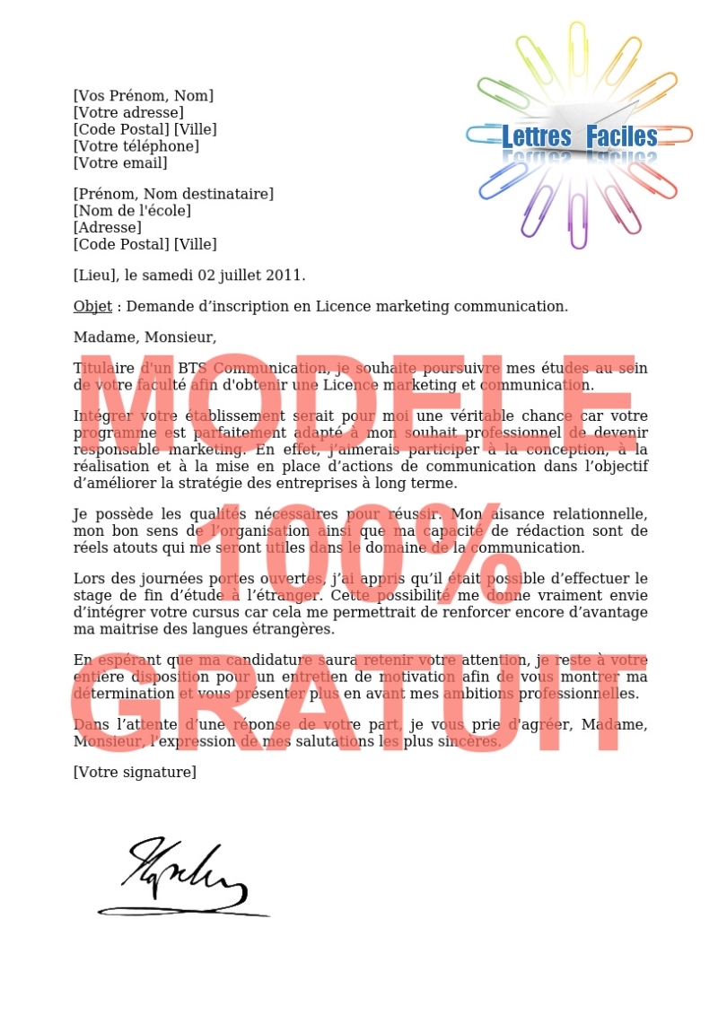 Lettre de motivation Licence marketing communication - Modèle de lettre Gratuit !