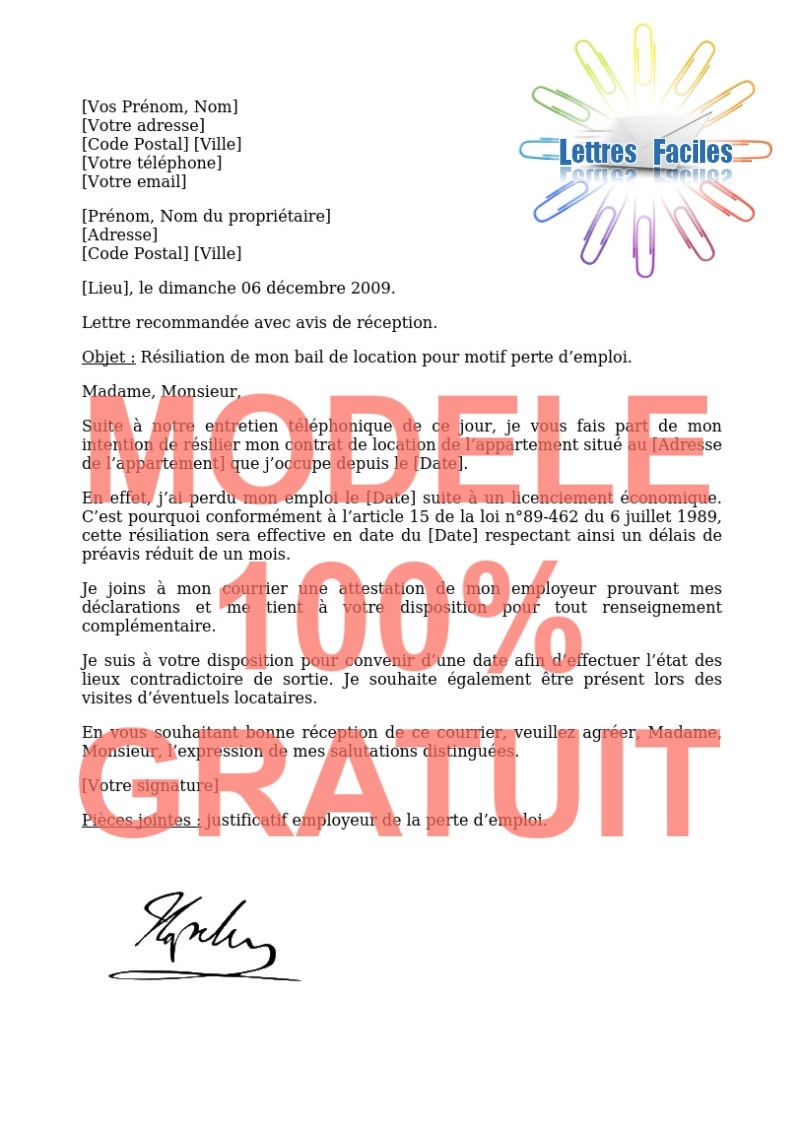 Résiliation du bail d’habitation, contrat de location  (préavis de 1 mois, motif perte d'emploi) - Modèle de lettre Gratuit !