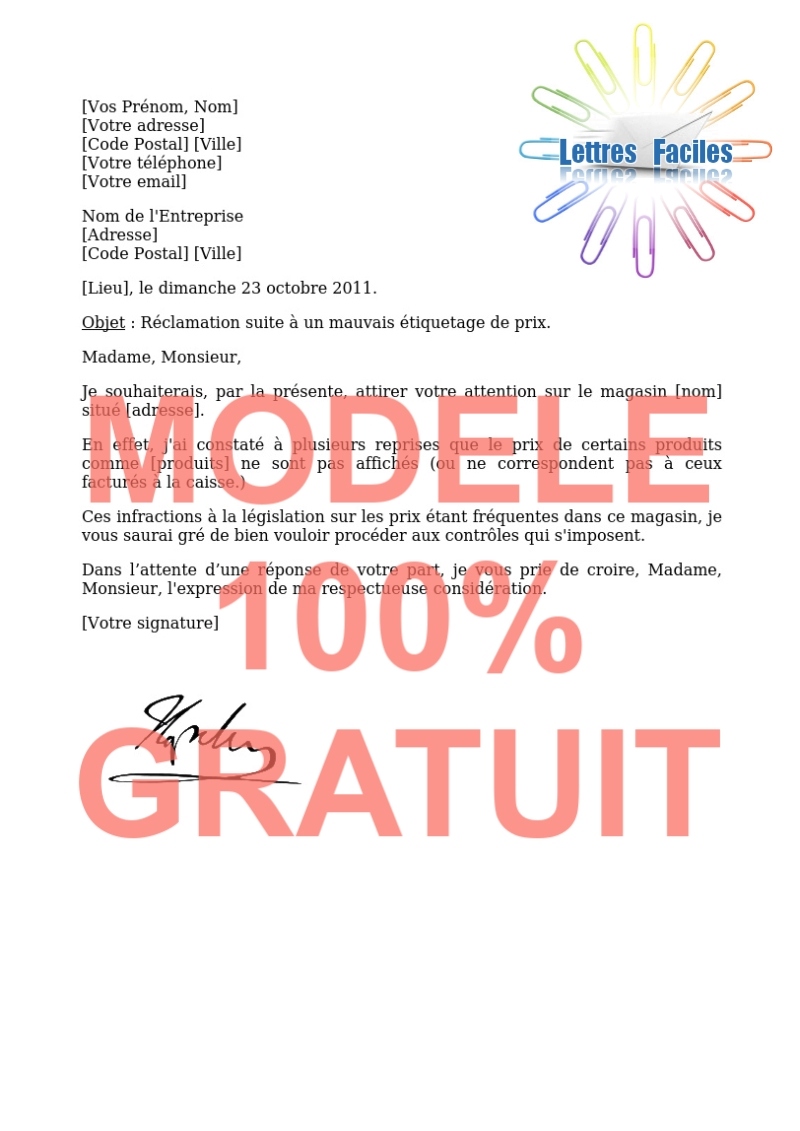 Signaler un mauvais affichage des prix - Modèle de lettre Gratuit !