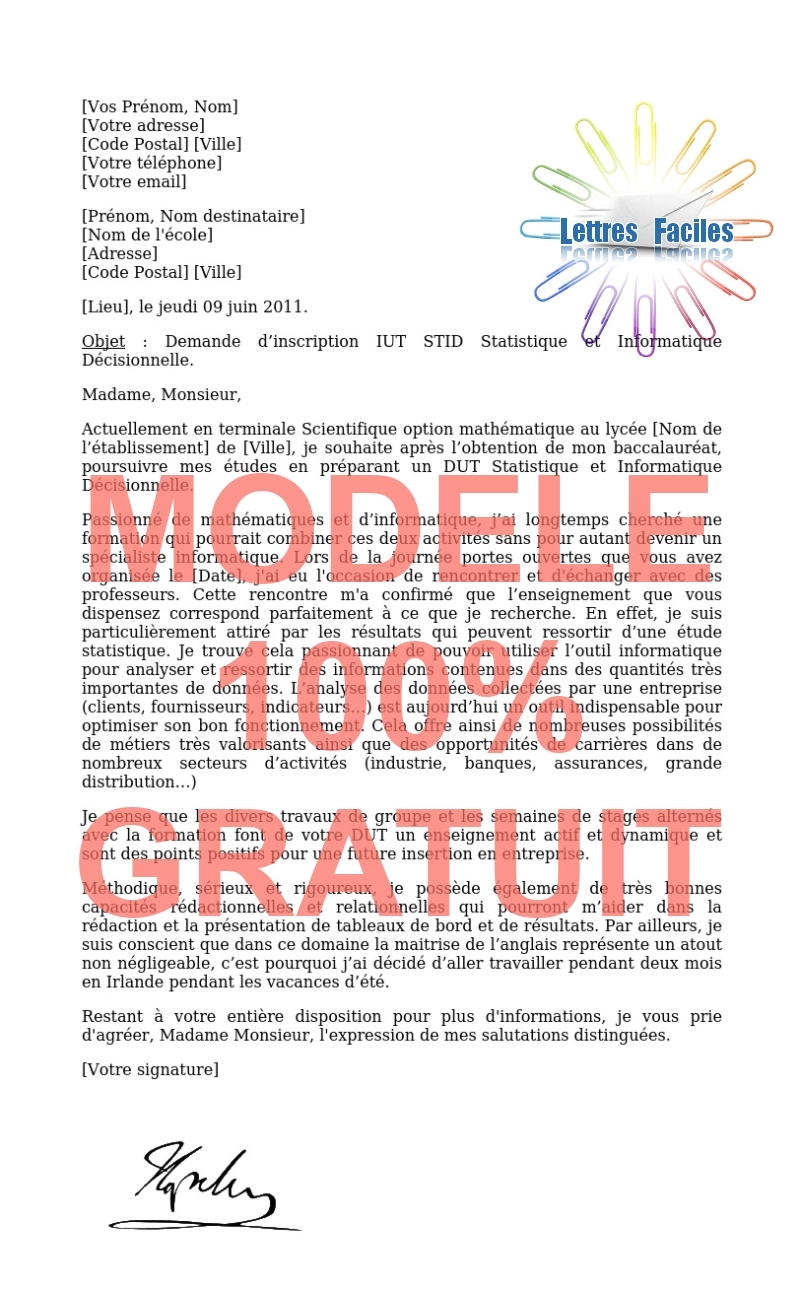 Lettre de motivation DUT STID  (Statistique et Informatique Décisionnelle) - Modèle de lettre Gratuit !